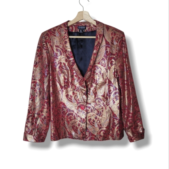 Juliana Collezione Metallic Paisley Leather Blazer Jacket Size 10 Holiday Party - Picture 1 of 8